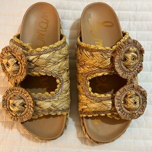 Sam Edelman Reina Raffia Woven Slide Sandal Buckle beechwood